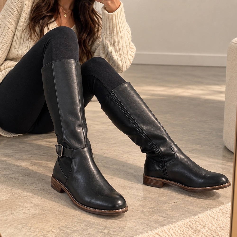 Clarks Camzin Branch Black Leather Knee High Riding Boots Women 7.5